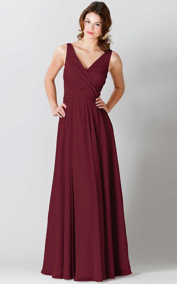 Maxi Sleeveless Ruched V-Neck Chiffon Bridesmaid Dress With Bow