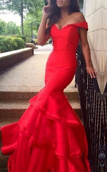 Sexy Red Mermaid Prom Dress Off the Shoulder With Ruffles