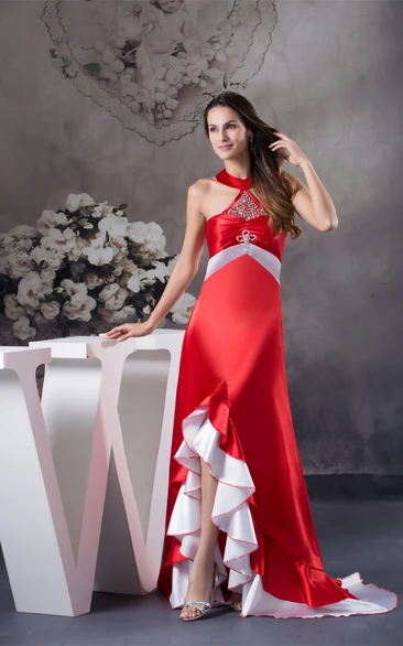 Sleeveless High Neck Sleeveless Front Split Dress With Beadings and Ruffles