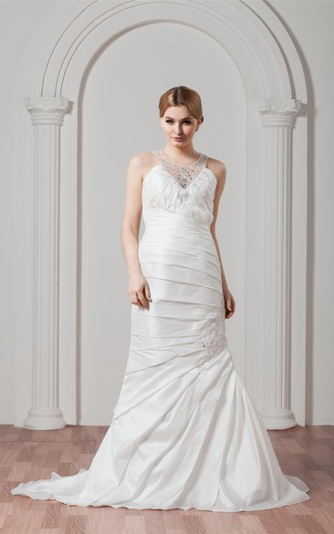 Sleeveless Ruched Column Jeweled Neckline and Gown With Lace