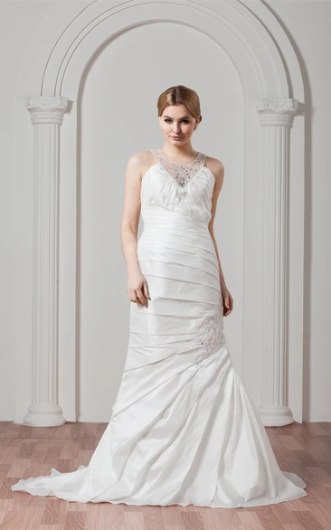 Sleeveless Ruched Column Jeweled Neckline and Gown With Lace