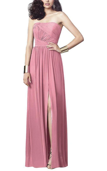 Strapless Ruched Bodice Long Dress with Front Split