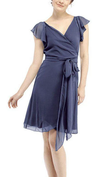 Cap Sleeve V-neck Wrap Short Chiffon Dress with Sash