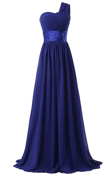 One-shoulder Long Pleated Chiffon Dress With Satin Sash