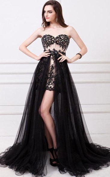 A-Line Front-Split Appliques Sequins Prom Dress With Detachable Train