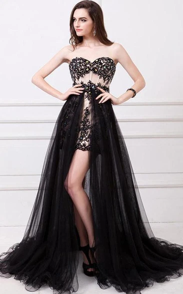 A-Line Front-Split Appliques Sequins Prom Dress With Detachable Train