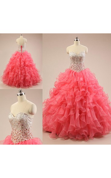 Long Sweetheart Beading Ruffles Lace-Up Back Lace Sequins Organza Dress