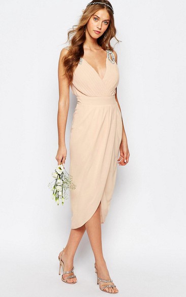 High-Low Beaded Sleeveless V-Neck Chiffon Bridesmaid Dress