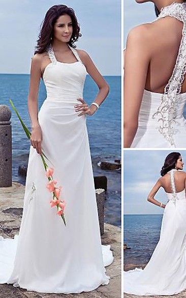 sheath Halter Court Train Chiffon Wedding Dress