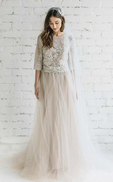 Bateau Lace Half Sleeve A-Line Tulle Dress With Low-V Back