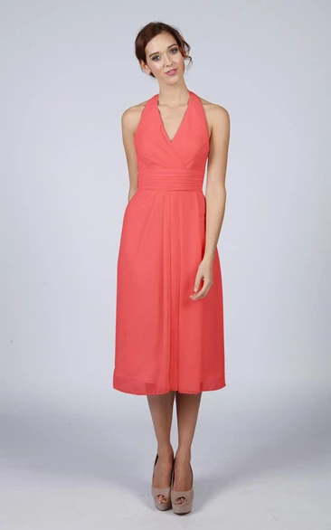 Halter V Neck A-line Chiffon Tea Length Dress Coral