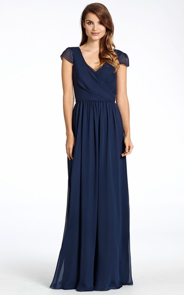 Pleated V-Neck Floor-Length Cap-Sleeve Chiffon Bridesmaid Dress With Low-V Back