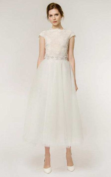 A-Line Tea-Length Cap Sleeve Lace Tulle Wedding Dress