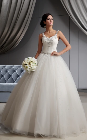 Spaghetti-Straps Beaded A-Line Dress With Tulle Overlay and Appliques