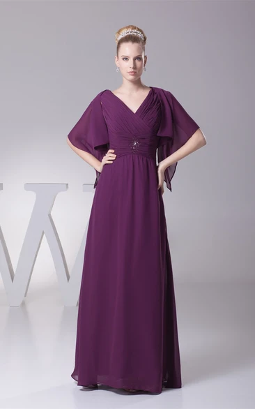 Plunged Chiffon Floor-Length Criss-Cross Bolero and Dress With Broach