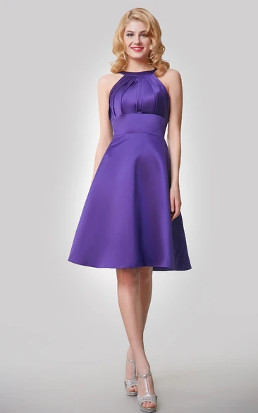 A-Line Satin Knee Length Dress With Keyhole Back and Ruching