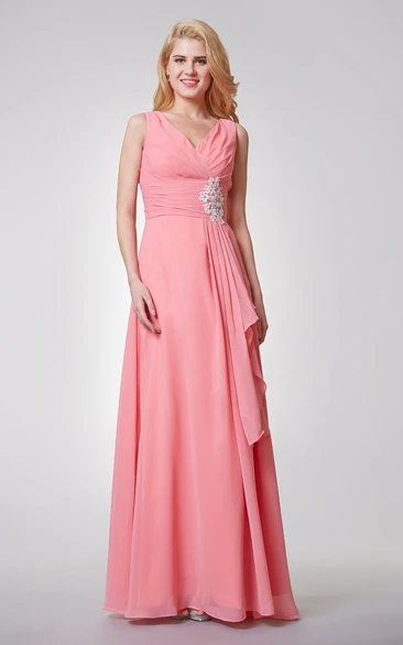 Sleeveless Ruched Long Chiffon Dress With Side Draping