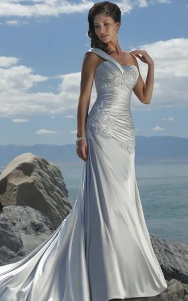 Mermaid One Shoulder Sweep Train Elastic Woven Satin Wedding Dress