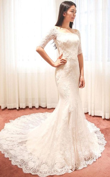 Off-the-shoulder Half Sleeve Mermaid Brush Train Lace Ivory Wedding Dress