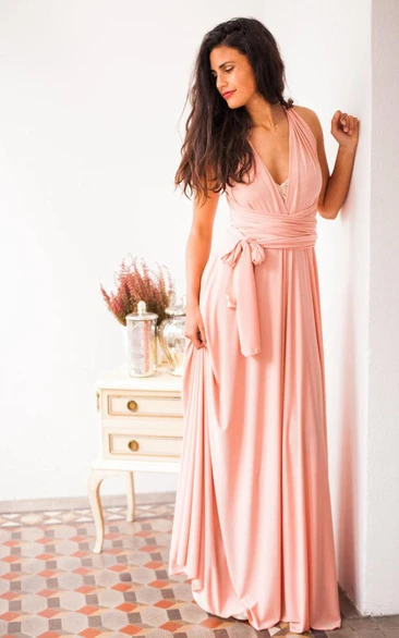 V Neck Pleated A-line Chiffon Long Dress With Sash