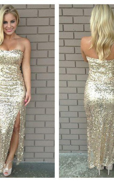 Beautiful Sequins Strapless Front Split Prom Dress Floor-Length on Sale