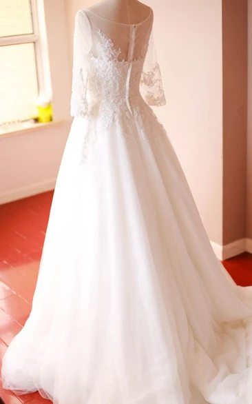 Organza A-Line 3-4 Sleeve Gown With Lace Appliques and Bateau Neck