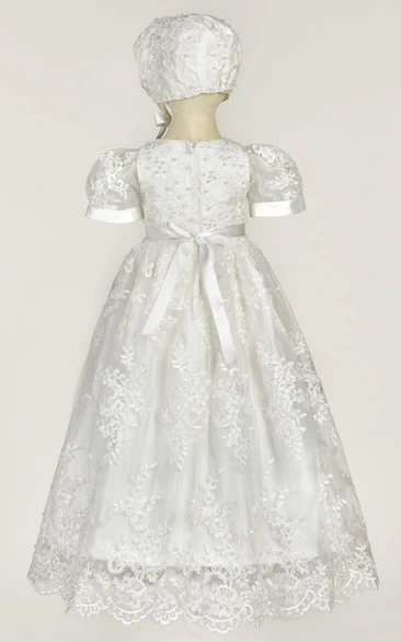 Pearls Appliqued Puff Sleeve Christening Gown With Lace