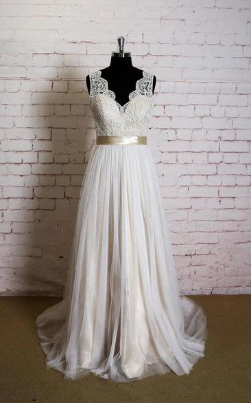 Sleeveless Queen Anne Neck A-Line Tulle Dress With Satin Sash