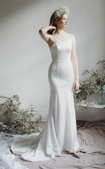 Simple Asymmetrical Mermaid Open Back Wedding Dress With Spaghetti Straps