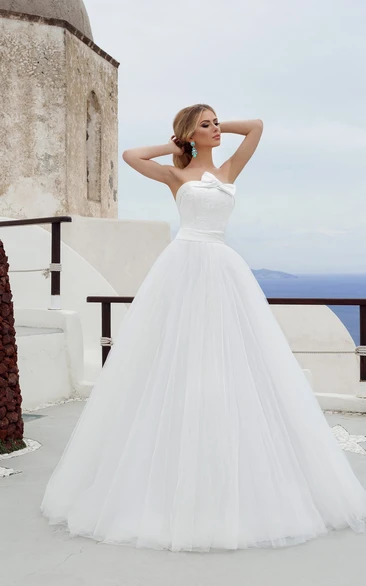 A-line Floor-length Strapless Sleeveless Tulle Dress With Bow