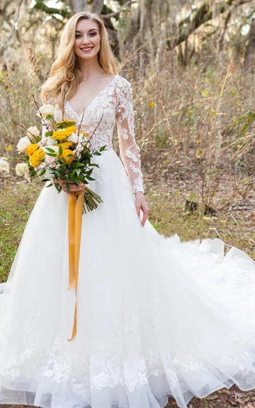 Elegant V-neck A Line Floor-length Court Train Long Sleeve Wedding Dress With Appliques