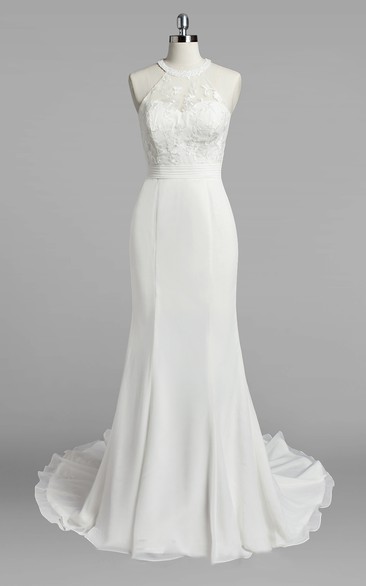 Jewel Neck Mermaid Chiffon Wedding Dress With Lace Bodice