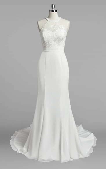 Jewel Neck Mermaid Chiffon Wedding Dress With Lace Bodice