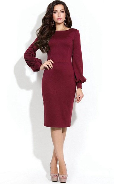 Bateau Long Puff Sleeve Sheath Jersey Knee Length Dress With U Back