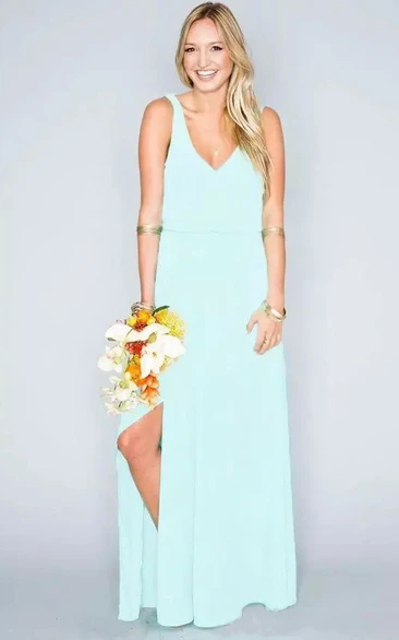 Floor-length Sheath V-neck Chiffon Beach Sleeveless Natural Waist Deep-V Back Dress