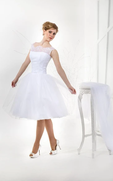 Tea Length A-Line Short Sleeve Tulle Gown With Lace Bodice