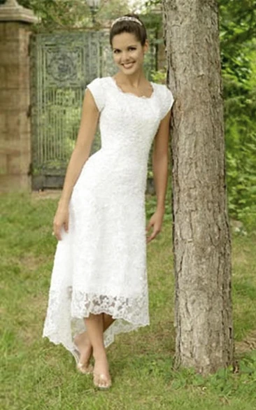 High Low U Neck Cap Sleeves Modest Elegant Lace Wedding Dress