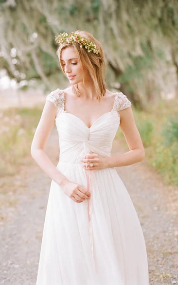 Elegant Cap Sleeve Long Chiffon Sweetheart Wedding Dress