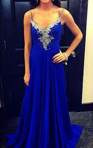 Newest Beadings Chiffon Royal Blue Prom Dress Zipper Spaghetti Strap