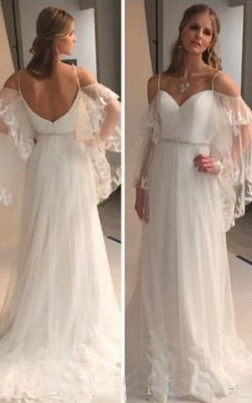 Backless Lace Sheer Long Sleeves Lace Beach Bohemian Wedding Bridal Gown