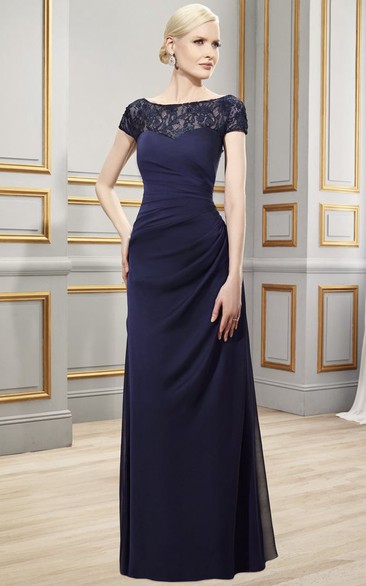 Sheath Bateau Short-Sleeve Appliqued Long Chiffon Formal Dress With Illusion Back And Side Draping