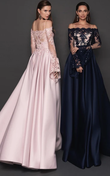 Modern Floor-length Long Sleeve Satin A Line Button Prom Dress with Ruching