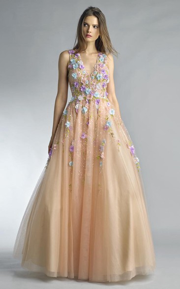 A-line Floor-length V-neck Sleeveless Tulle Zipper Dress