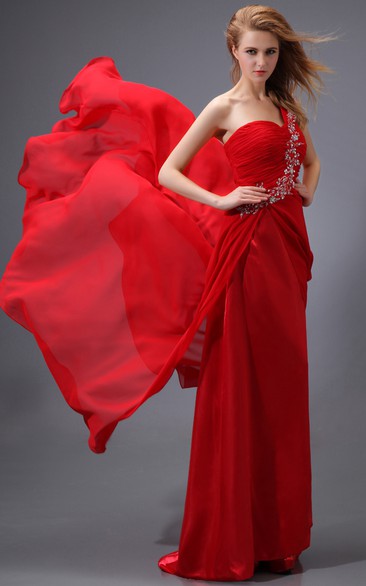 Chiffon Ruched Floor-Length Dress With Beaded Strap