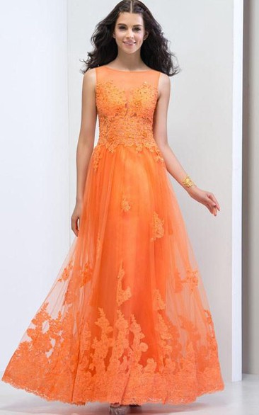 Sheer Neck Beaded Open Back Lace Prom Dress