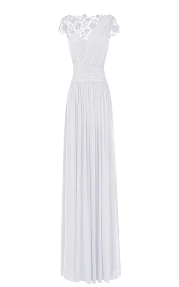 Sleeveless Lace Bateau Ruched Long Pleated Chiffon Dress