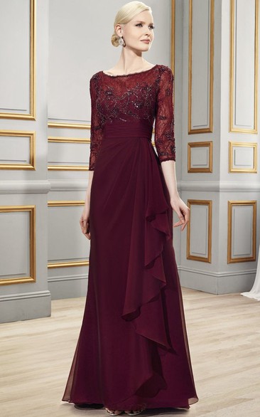 Bateau Neck 3-4 Sleeve Appliqued Chiffon Formal Dress