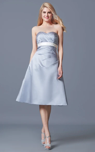 Sweetheart Empire Waist Tea-length Satin Dress With Ruching