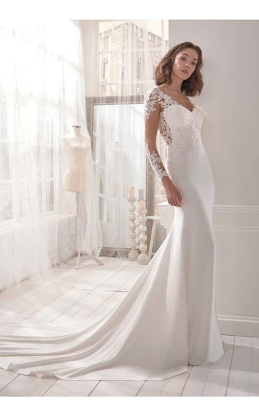 Charming V-neck Sheath Wedding Dress With Illusion Back