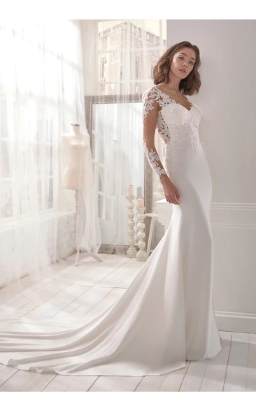 Charming V-neck Sheath Wedding Dress With Illusion Back